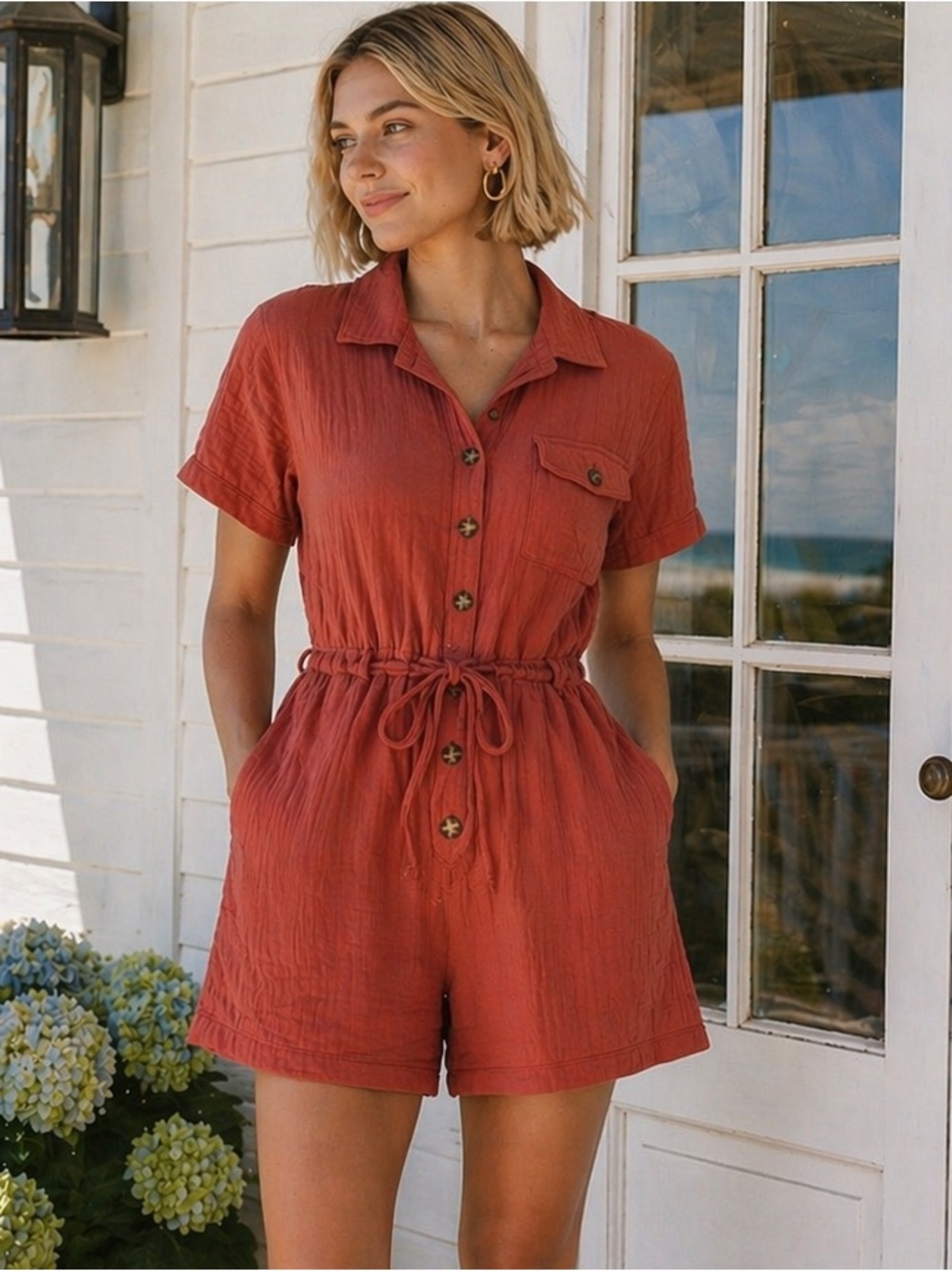 Madewell Lightspun Belted Safari Romper Medium in gorgeous Weathered Brick shade